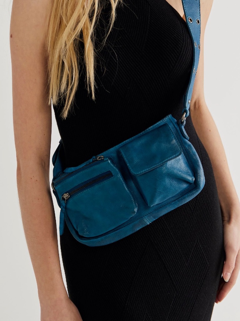 Free People Teal Blue Leather Crossbody Bag